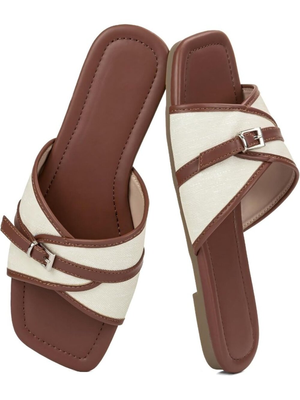Women's Brown Wide Width Sandals Flat Casual Woven Open Square Toe Comfortable